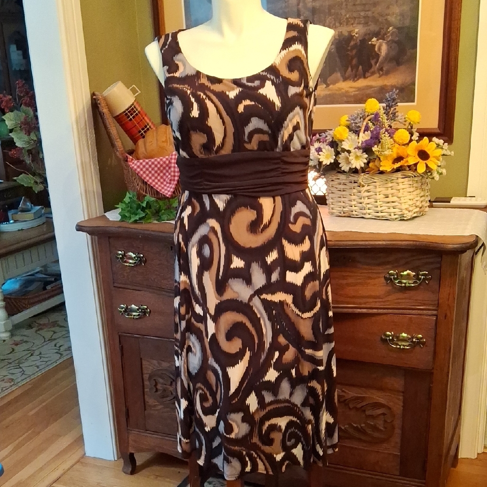 Perceptions 16P Brown and Cream Swirl Midi Dress